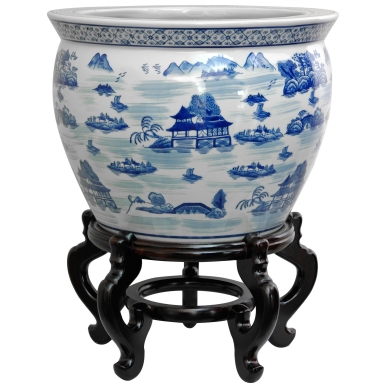 14" Landscape Blue & White Porcelain Fishbowl