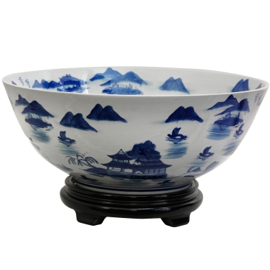 14" Landscape Blue & White Porcelain Bowl