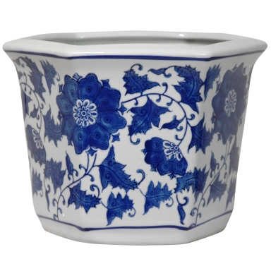 10" Floral Blue & White Porcelain Flower Pot