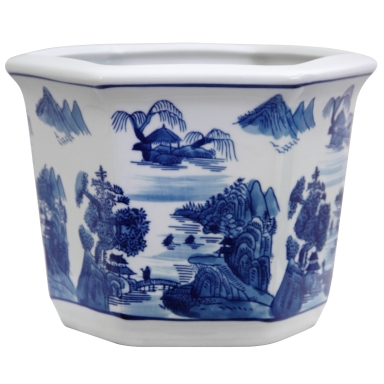 10" Landscape Blue & White Porcelain Flower Pot