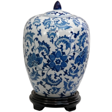 11" Floral Blue & White Porcelain Vase Jar