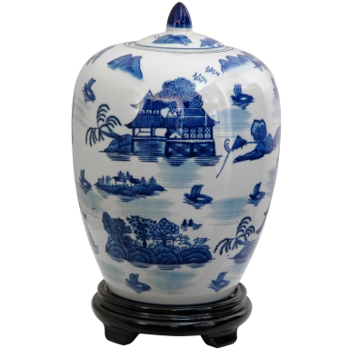 11" Landscape Blue & White Porcelain Vase Jar