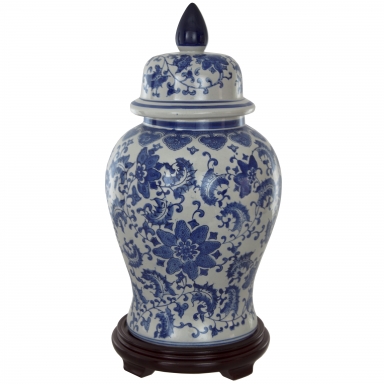 18" Floral Blue & White Porcelain Temple Jar