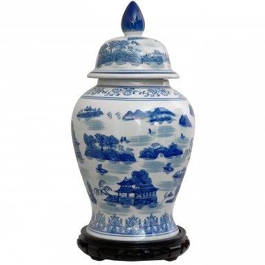 18" Landscape Blue & White Porcelain Temple Jar