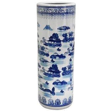 24" Landscape Blue & White Porcelain Umbrella Stand