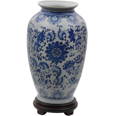 14" Floral Blue & White Porcelain Tung Chi Vase