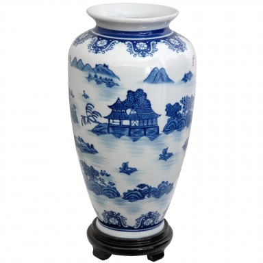14" Landscape Blue & White Porcelain Tung Chi Vase