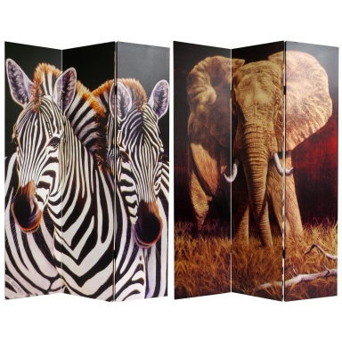 6 ft. Tall Double Sided Elephant and Zebra Canvas Room Divider