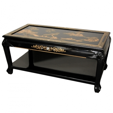 Lacquer Coffee Table with Shelf - Black Landscape